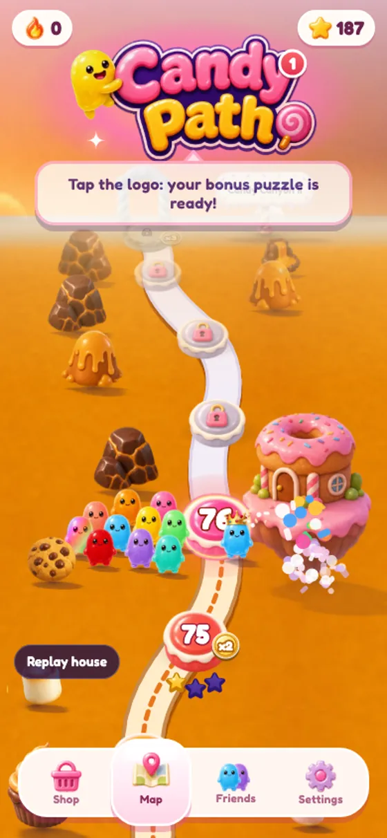 Candy Pathの旅のマップ:王冠をかぶったジェリーがお菓子の王国の道を進みます